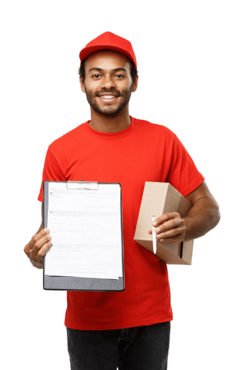 Courier delivery person holds a clipboard with documents in one hand and a courier in the other, representing top-notch international courier services.